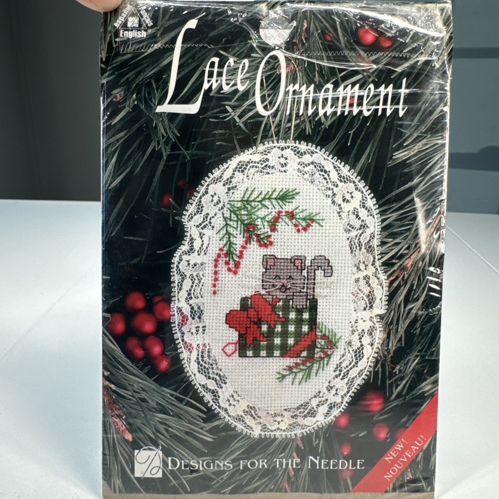 Designs for the Needle Cat Lace Ornament Counted Cross Stitch Kit Vtg1998